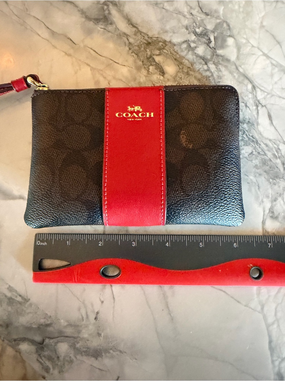 Coach Brown Signature Wristlet with Red Center Stripe - Picture 3 of 5